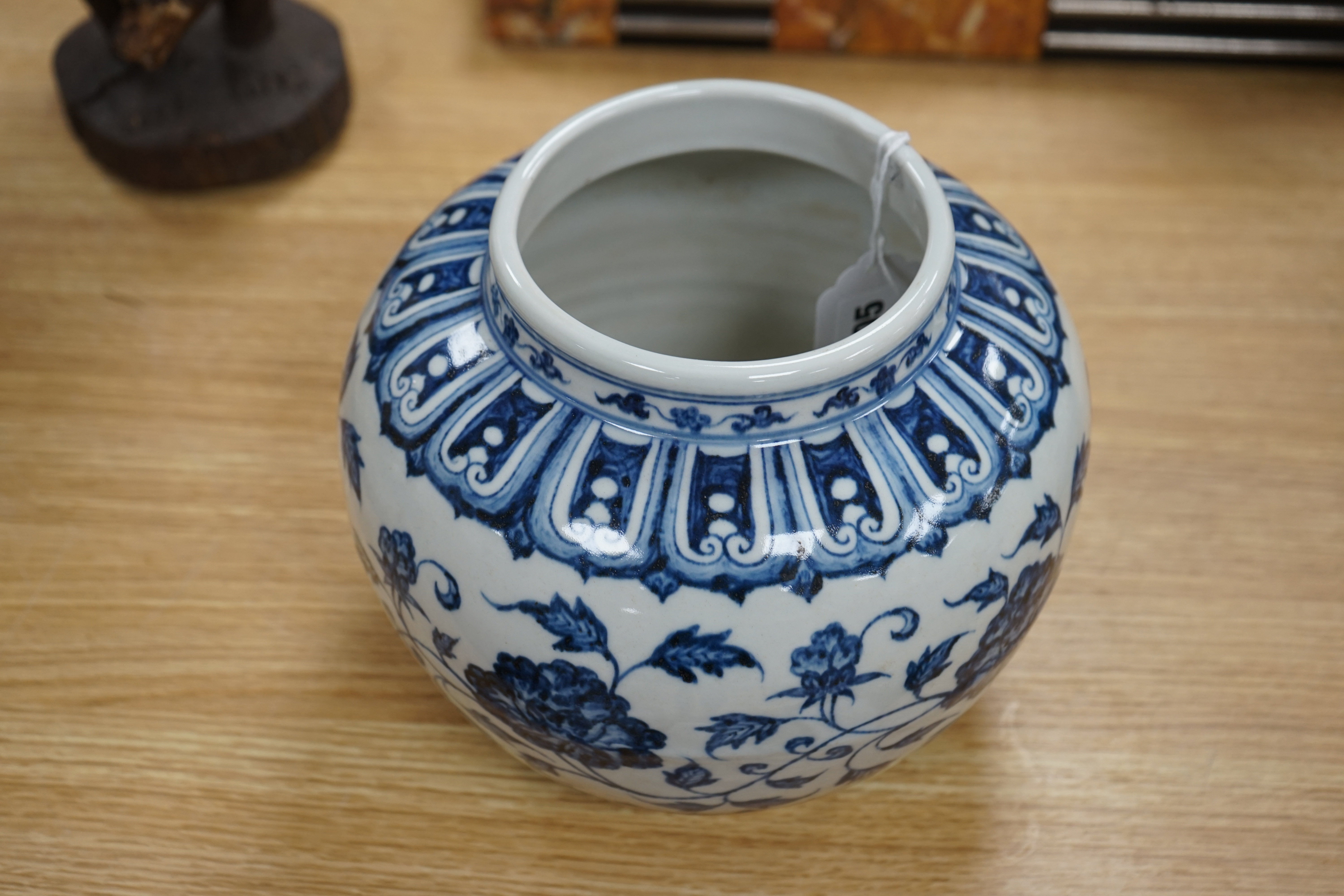 A Chinese blue and white floral bowl, 20cm high. Condition - good